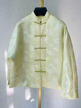 Yeni Çin Tarzı Çin Tarzı Plaka Toka Krem Sarı Ceket Kadın Beyaz Ceket