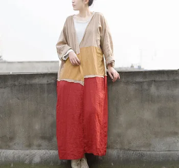 Kadın Gevşek Bahar Sonbahar Patchwork Rami Trençkot Giyim Bayanlar Eklenmiş Vintage Rami Uzun Ceket Kadın Sonkat İnce Ceket