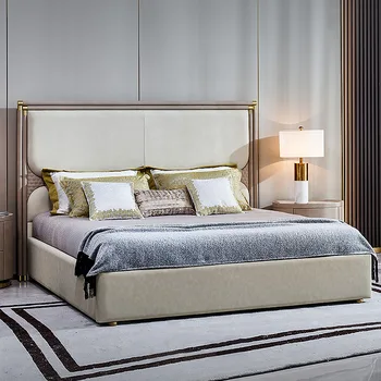 Italyan ışık lüks stil BV dokuma ana yatak odası çift kişilik yatak 1.8 m çift kişilik yatak düğün odası katı ahşap deri yatak