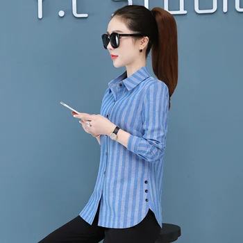 Kore Versiyonu Yaka Uzun Kollu Dip Gömlek Kadın Bahar Yeni Moda Batı Tarzı Çizgili Mizaç Çok Yönlü
