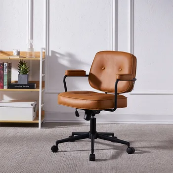 Retro İskandinav bilgisayar sandalyesi Ergonomik Rahat Minimalist Arkalığı Koltuk Kaldırma Döner oyun sandalyesi deri ofis koltuğu