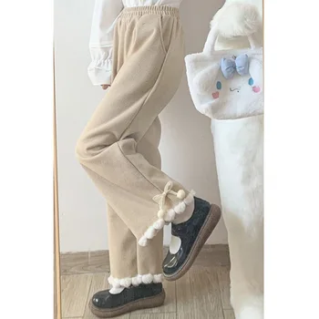 Kore Tarzı Sevimli Siyah Geniş Bacak Pantolon Kadın Benzersiz Karikatür Tavşan Baskı Yüksek Bel koşucu pantolonu Harajuku Beyaz Gevşek Pantolon