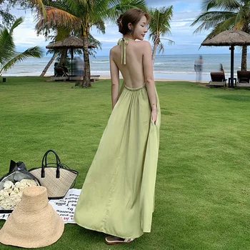 Kore Moda Vestido Elegante Açık Yeşil Elbiseler Retro Seksi Halter Boyun Kadın Yaz Gevşek Plaj Sahil Backless Elbise