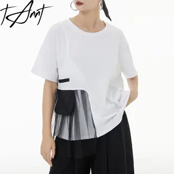 Tannt Kadın T Shirt Örgü Patchwork Düzensiz O-boyun Pamuklu T Shirt Kadın Asimetri Siyah Beyaz Gevşek günlük t-shirt 2023