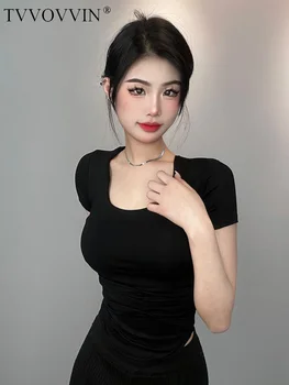 Tatlı Tees Yaz TVVOVVIN Kadınlar Kore Seksi Kare Boyun Düşük Göğüs İnce Kat kısa kollu tişört Üst Kadın MWTC