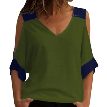 Kadınlar Seksi Üstleri Yaz 2023 V Yaka Rahat Gömlek kadınlar için açık omuzlu Üstleri Katı kısa kollu tişört Giyim Yeni Blusas 25441