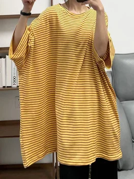 Kore yuvarlak tişört Çizgili Kadınlar İçin Boyun Kısa Kollu Gevşek Temas Renk Üstleri Kadın Giyim 2023 Yeni