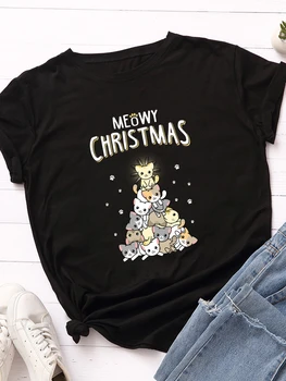 Merry Christmas Kedi Baskı Kadın T Shirt Kısa Kollu O Boyun Gevşek Kadın Tişört Bayanlar Tee Gömlek Tops Giysileri Camisetas Mujer