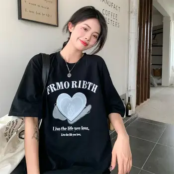 Kadın T-shirt Üstleri Japon Kawaii Ulzzang Vintage Kalp Mektubu Baskı Gevşek Gömlek Kadın Kore Harajuku Giyim Kadınlar İçin
