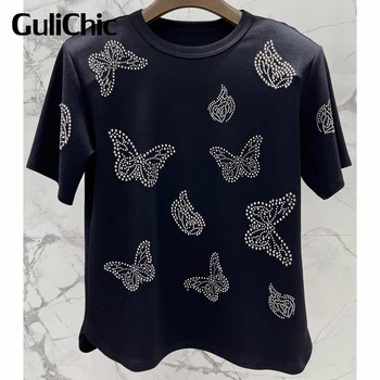 5.10 GuliChic Kadın Moda Pamuk Tee Rhinestone Kelebek Desen Yuvarlak Boyun Kısa Kollu günlük t-Shirt