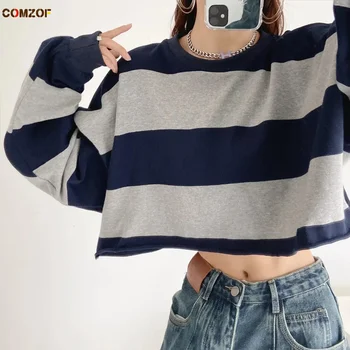 INS Gevşek Kadın Çizgili T Shirt Uzun Kollu Kırpma Üst Rahat Giyim Harajuku Kore Moda Tees Vetement Femme
