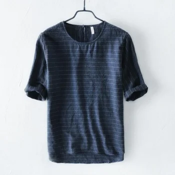 Yeni erkek Rahat Nefes Şerit Gömlek Pamuk Keten T-shirt Ceket Erkekler Gevşek Moda Marka Gömlek Erkek Kısa Kollu Üstleri