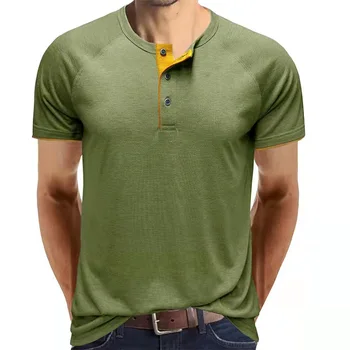 Moda T Shirt Erkek Kısa Kollu Henley Yaka Katı Tee Üstleri Erkek Casual Slim Fit Tişörtleri Erkek Giyim Günlük Giyim Yaz Yeni