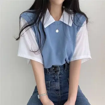 2023 Yaz T Gömlek Kadınlar İçin Kore Streetwear Giyim Kısa Kollu Tees Sahte İki Parçalı Üstleri Camisas Y Blusas Ropa De Mujer