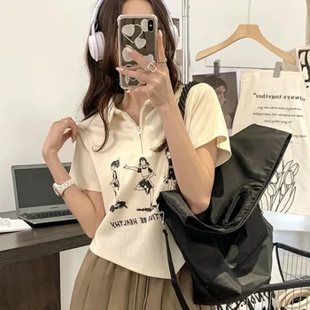 Baskılı Düzensiz Tasarım Duygu Polo Boyun kısa kollu tişört Kadın Yaz Fermuar Kore Moda Üst Rahat Streetwear Tişörtleri