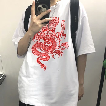 Erkek tshirt Harajuku Yaz Vintage Çin Ejderha Baskı Serin Unisex Rahat Kısa Kollu t gömlek streetwear tişört