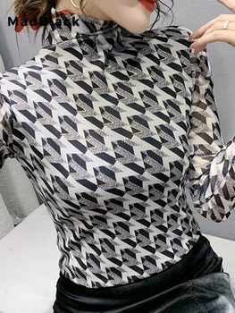 MadBlack Bahar baskılı tişört Kadınlar Seksi Sıcak Gümüş Yarım Balıkçı Yaka Streetwear İnce Örgü Üstleri Sıkı Tees Sonbahar T31014X