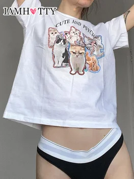 IAMHOTTY Pamuk Keten Sevimli Kedi Baskı bol tişört Y2K Kısa Kollu Harajuku Kırpılmış Üstleri Yaz 2023 Karikatür Estetik Tees Yeni
