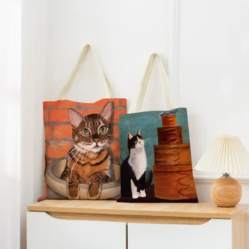 Keten Pazarı alışveriş çantası Sevimli Karikatür Kedi Çift Taraflı Baskı Tasarım Kadın Katlanabilir Çanta Taşınabilir Uygun saklama kutusu