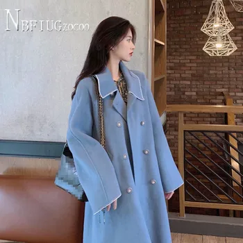 Uzun Stil Kadın Yün Ceket 2020 Yeni Kruvaze Yaka Kadın Palto