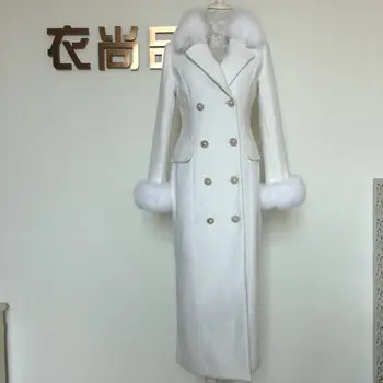 Sonbahar kış moda kadın yün ceket taklit büyük tilki kürk yaka beyaz kaşmir ceket kadın kruvaze ince ceket
