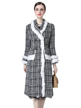 Yüksek Kalite Sonbahar Kış Yeni kadın Casual Vintage Zarif Şık Uzun Kollu Tüvit Elmas Ekose Uzun Ceket Mont Moda