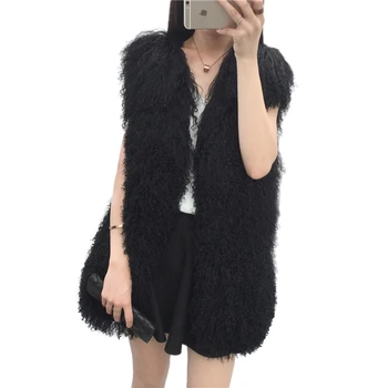 Ms. MinShu Gerçek Kuzu Kürk Yelek Moda Kadın Ceket Moğol kuzu kürk Yelek Kış Yelek Uzun Kabarık Kürk Ceket