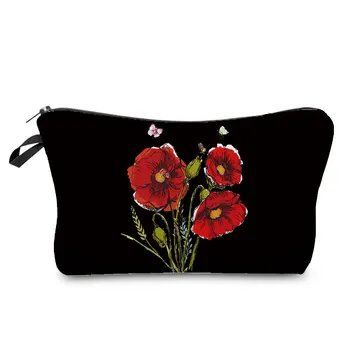 Moda çiçek baskı kadın kozmetik çantası kadın kozmetik çantası Seyahat kozmetik çantası Taşınabilir yıkama çantası Kızların siyah kozmetik çantası
