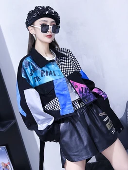 2023 Yeni Moda Streetwear Kadın Şık Kontrast Renk Eklenmiş Bombacı Ceketler Yüksek Sokak Gevşek Hip-Hop Fermuar Up Kısa Ceketler