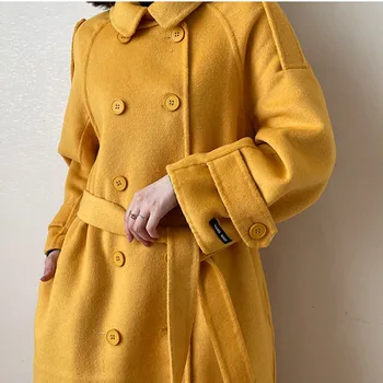 Herstory 2021 Kadın Zarif Katı Çift Dreasted Yün Palto Kadın Sashe Vintage Kış Outerwears Ofis Bayan Sıcak Palto