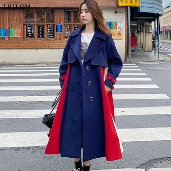 2023 Bahar Yeni Rüzgarlık Ceket Kadın Zarif Giyim Uzun Trençkot Moda Kontrast Renkler Dış Giyim Kadın Palto