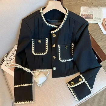 Siyah Şık Kırpılmış Ceket Kadınlar Lüks Vintage Kore Moda Tek Göğüslü O-boyun Kısa Ceket Sonbahar Küçük Takım Elbise Dış Giyim Bayanlar