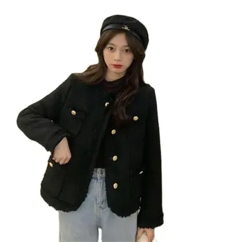 Sonbahar Kış Giyim Kore Moda Retro Yün Ceket O-Boyun Kürk Saçak Sokak Tarzı Tek Göğüslü Üst Ekleme Ceketler