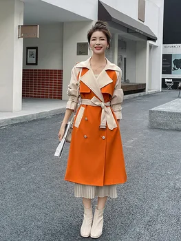 Kadın Ceket Bahar sonbahar ceketi 2023 Rüzgarlık Kontrast Renk Dikiş Uzun Boy Siper Kadın Moda Bayan Pelerin