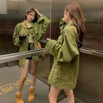 Bahar Kadınlar Vintage Yeşil Techwear Cyber Y2k Denim Ceket Temel Ceketler Kadın Yeni Giyim Ceket Hırka Bayan Harajuku