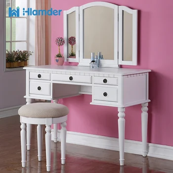 Sofistike Dresser Seti 3 Parçalı Katlanabilir Ayna, Zevkli Peluş Kumaş Tabure, Beş Çekmeceli Makyaj Masaları Makyaj İçin